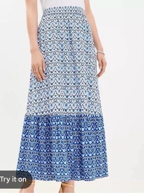 Loft Elastic Printed Blue Maxi Skirt - Women's Blue Patterned Skirt Sz XSp
